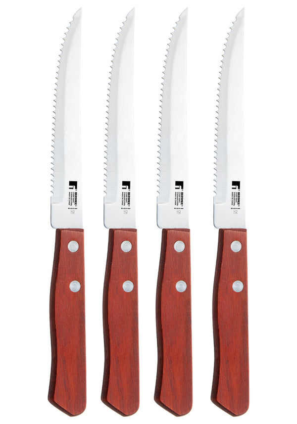 BERGNER BBQ COOK 4PC STAINLESS STEEL STEAK KNIFE SET WITH WOODEN HANDLES, BROWN/SILVER, BG40191MM