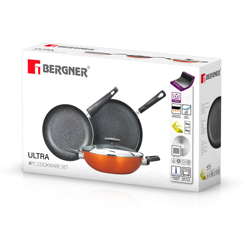 BERGNER ULTRA 4PCS PRESSED ALUMINUM COOKWARE SET, INDUCTION BOTTOM, METALIC ORANGE COLOR, BG31305OR