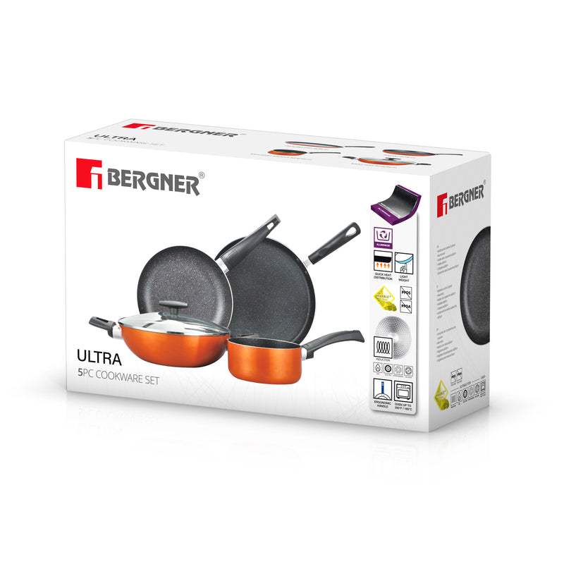 BERGNER ULTRA 5PCS PRESSED ALUMINUM COOKWARE SET, INDUCTION BOTTOM, METALIC ORANGE COLOR, BG31306OR