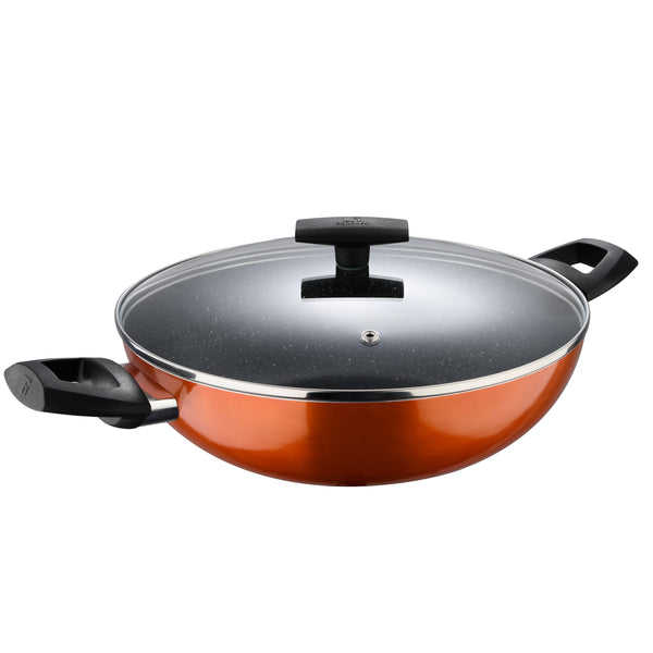 BERGNER ULTRA PRESS ALUMINUM NON-STICK INDUCTION BOTTOM KADAI WITH LID 28X8 CM, ORANGE COLOR