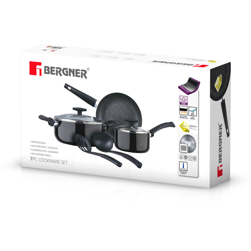 BERGNER SHINE 7PCS COOKWARE SET PRESSED ALUMINUM, MARBLE+ NON-STICK COATING, INDUCTION BOTTOM, BLACK COLOR, BG34660BK