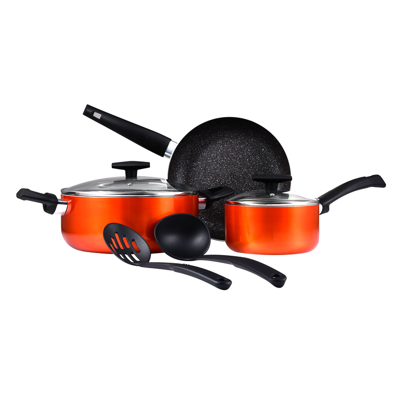 BERGNER SHINE 7PCS COOKWARE SET PRESSED ALUMINUM, MARBLE+ NON-STICK COATING, INDUCTION BOTTOM, METALIC ORANGE COLOR, BG34660OR