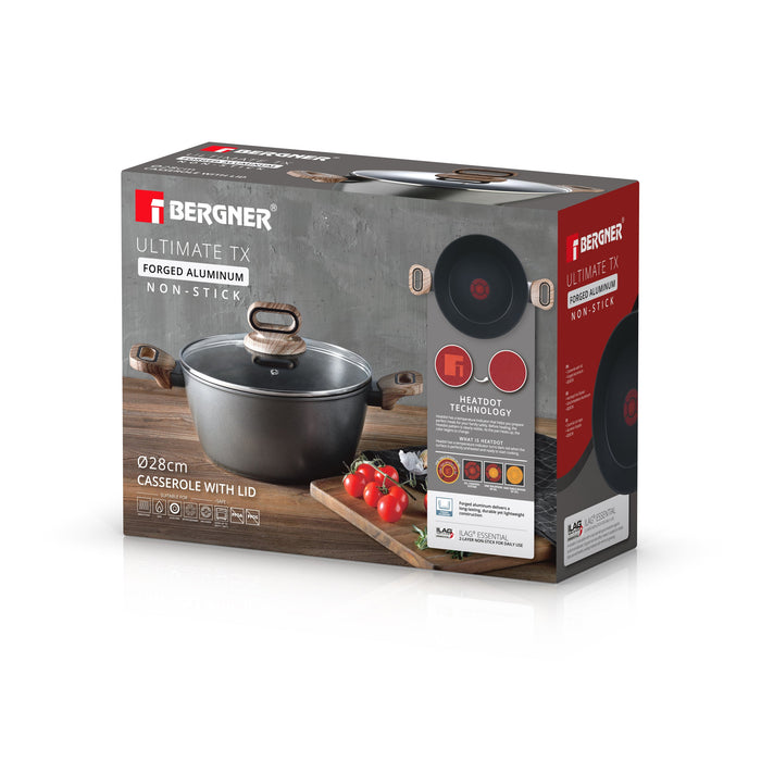 قدر Ultimate Tx من الألومنيوم المطروق (مقاس 28 سم) مزود بقاعدة متوافقة مع مواقد الحث (Induction) ومؤشر حراري.