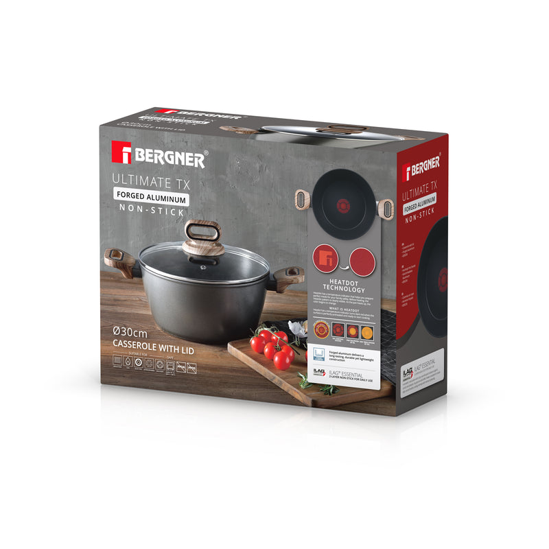 BERGNER ULTIMATE TX FORGED ALUMINUM CASSEROLE + LID 30 CM WITH HEATDOT TECHNOLOGY, INDUCTION BOTTOM, GREY COLOR, BG36174GY