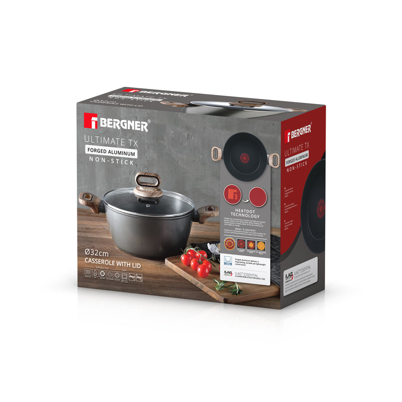 BERGNER ULTIMATE TX FORGED ALUMINUM CASSEROLE + LID 32 CM WITH HEATDOT TECHNOLOGY, INDUCTION BOTTOM, GREY COLOR, BG36175GY