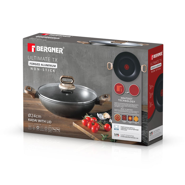 Ultimate Tx Forged Aluminum Kadai With Lid 24cm With Induction Bottom And Heat Dot