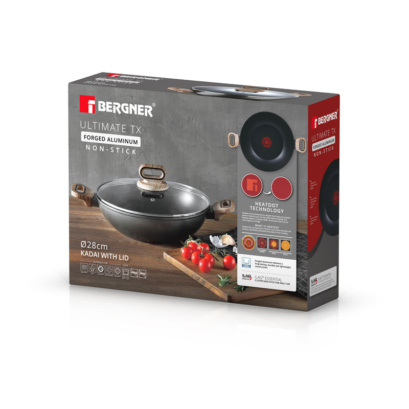 BERGNER ULTIMATE TX FORGED ALUMINUM KADAI + LID 28 CM WITH HEATDOT TECHNOLOGY, INDUCTION BOTTOM, GREY COLOR, BG36177GY