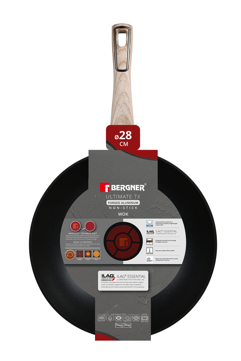 BERGNER ULTIMATE TX FORGED ALUMINUM WOK 28 CM WITH HEATDOT TECHNOLOGY, INDUCTION BOTTOM, GREY COLOR, BG36178GY