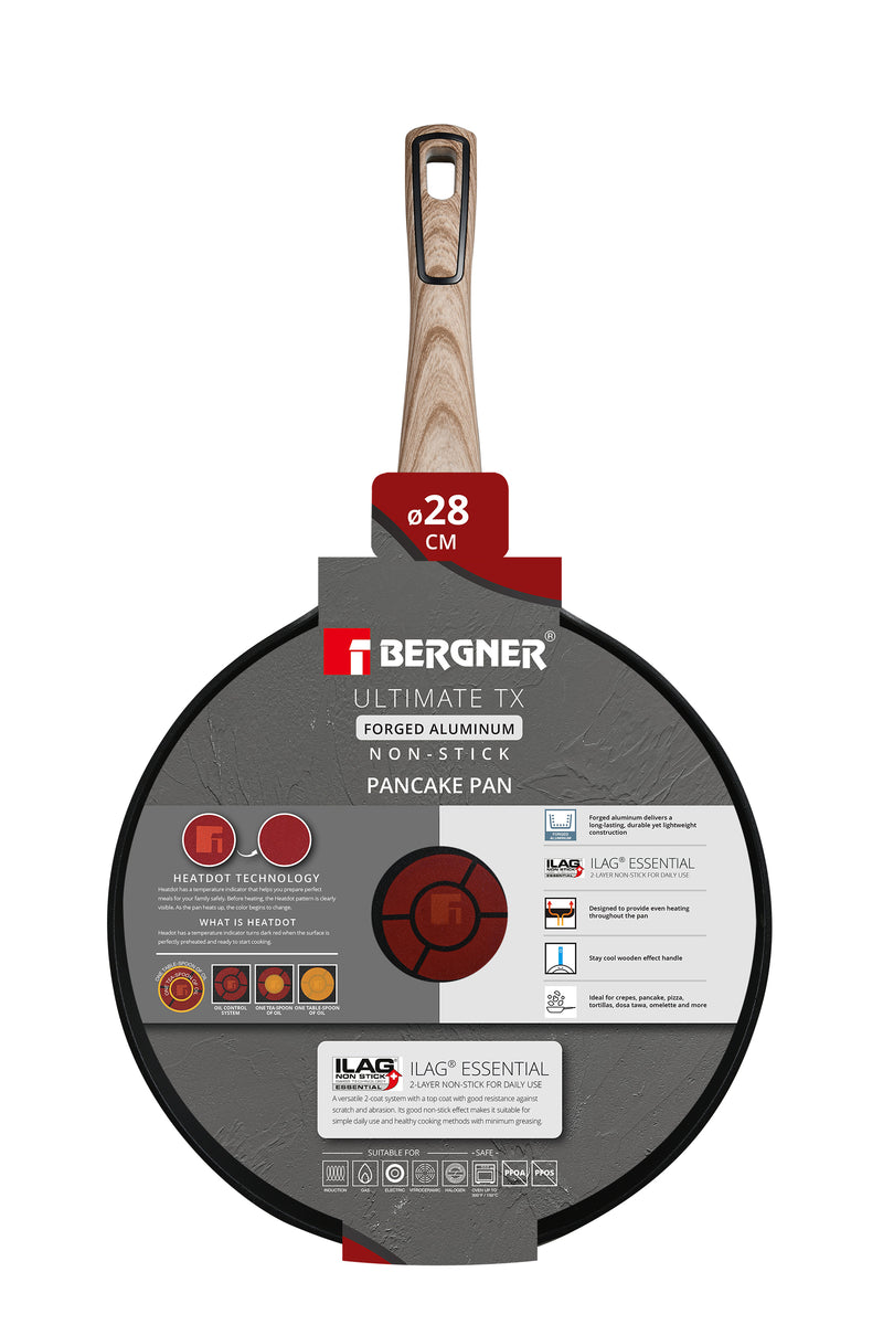 BERGNER ULTIMATE TX FORGED ALUMINUM PANCAKE 28 CM WITH HEATDOT TECHNOLOGY, INDUCTION BOTTOM, GREY COLOR, BG36179GY