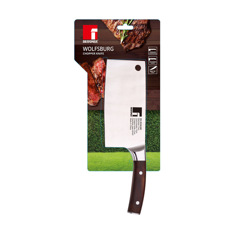 BERGNER WOLFSBURG STAINLESS STEEL CHOPPER KNIFE 17 CM WITH WOODEN HANDLE, BROWN/SILVER COLOR