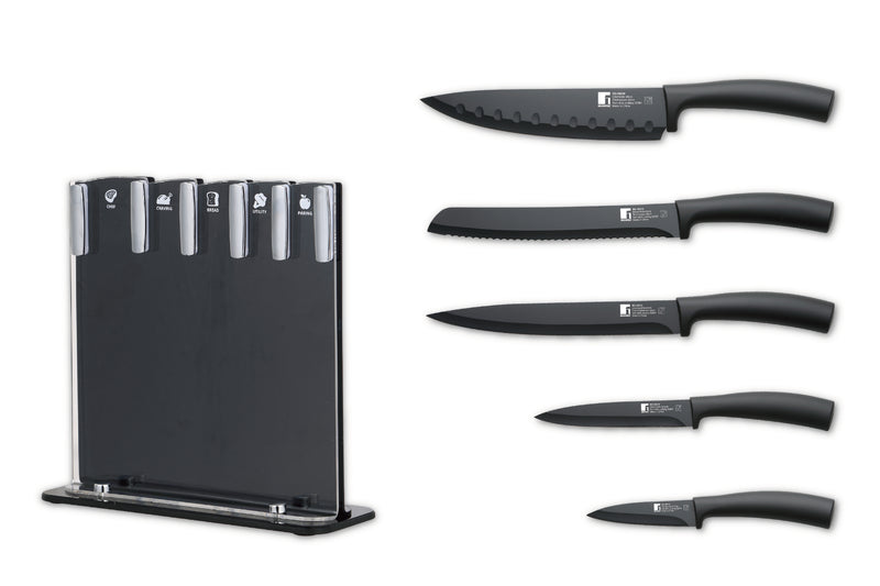 BERGNER SEKI 6 PIECE NON-STICK COATED KNIFE SET WITH STAND, BLACK COLOR