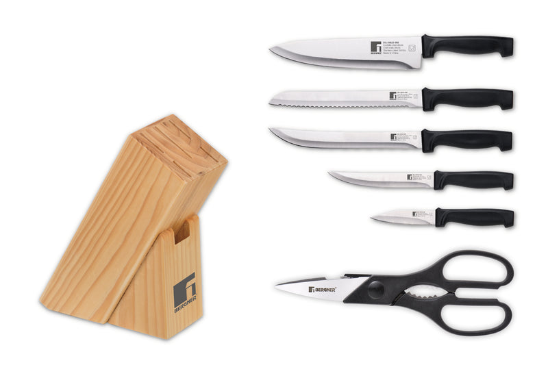 BERGNER GIYO 7 PIECE STAINLESS STEEL KNIFE SET WITH WOODEN BLOCK, BLACK COLOR