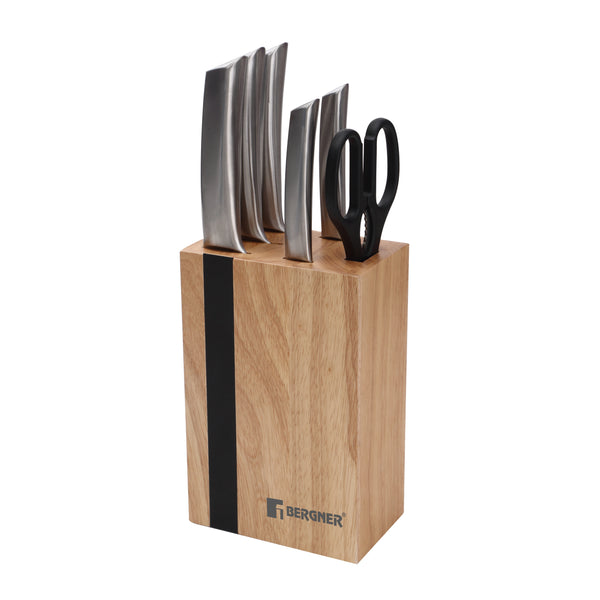 BERGNER KEOPS-STEEL 6PC STAINLESS STEEL STEAK KNIFE SET WITH WOODEN KNIFE BLOCK