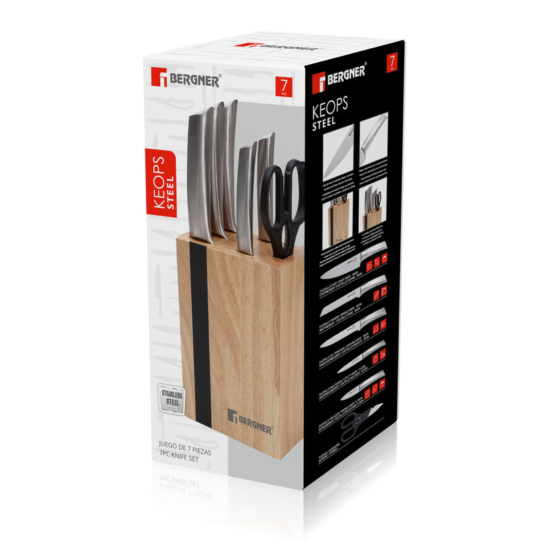 BERGNER KEOPS-STEEL 6PC STAINLESS STEEL STEAK KNIFE SET WITH WOODEN KNIFE BLOCK