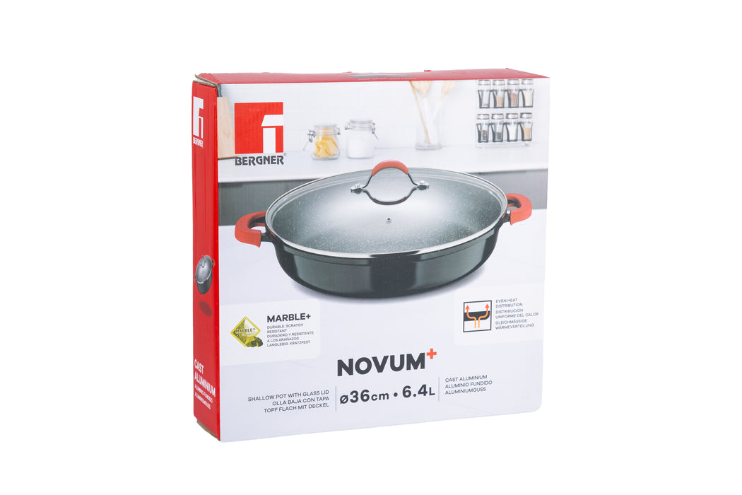 قدر ضحل من الألومنيوم المصبوب مع غطاء من Novum+ (مقاس 36×7.5 سم) وقاعدة متوافقة مع مواقد الحث الحراري
