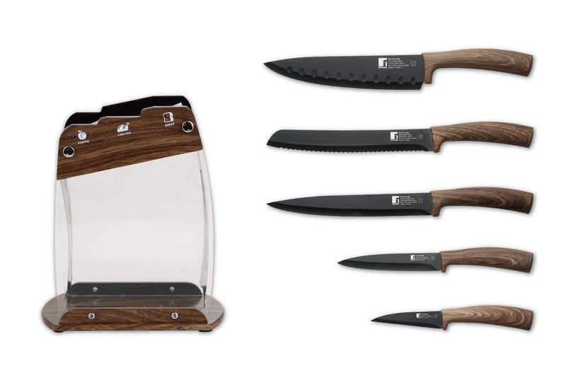 BERGNER MONCAYO 6 PIECE STAINLESS STEEL KNIFE SET WITH STAND, BROWN COLOR