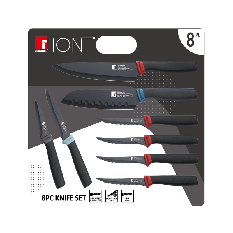 BERGNER ION 8 PIECE STAINLESS STEEL NON-STICK COATED KNIFE SET, BLACK COLOR