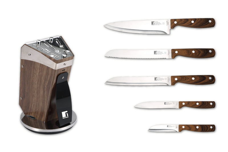 BERGNER GUSTORF 6 PIECE STAINLESS STEEL KNIF SET WITH STAND, BROWN/SILVER COLOR