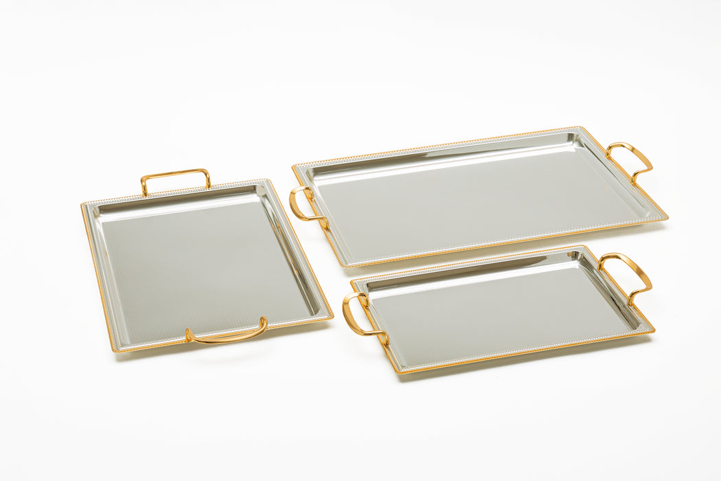 Silverplated Rectangle 3pc Tray Set Gold+Silver
