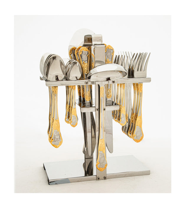 Classic Stainless Steel 32pc Cutlery Set With Stand Gold With Laser Finish