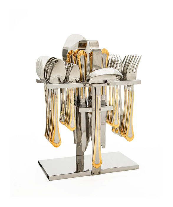 Drape Stainless Steel 32pc Cutlery Set With Stand Gold With Mirror Finish