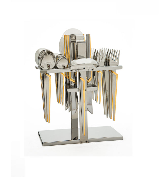 Modern Stainless Steel 32pc Cutlery Set With Stand Gold With Satin Finish