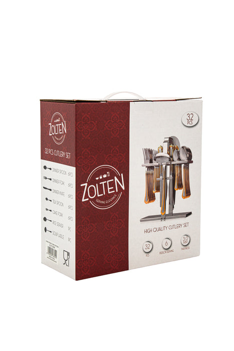 Modern Stainless Steel 32pc Cutlery Set With Stand Gold With Satin Finish