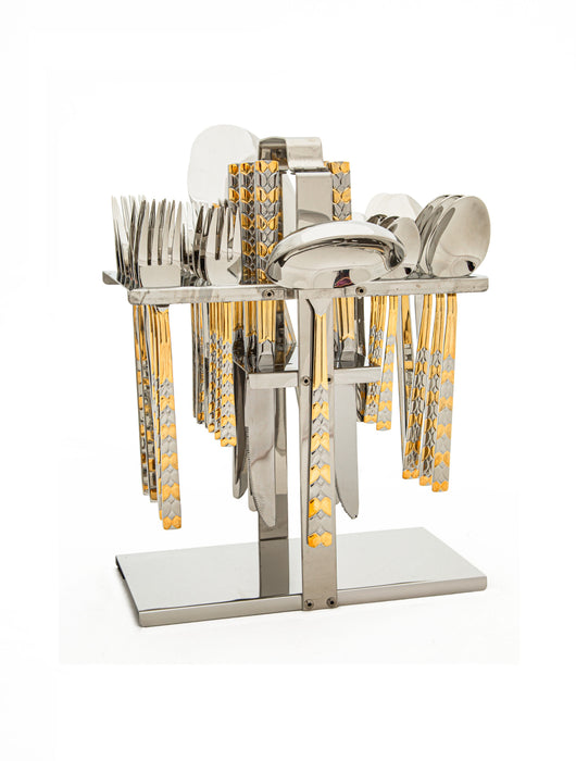 Moon Stainless Steel 32pc Cutlery Set With Stand Gold With Mirror Finish