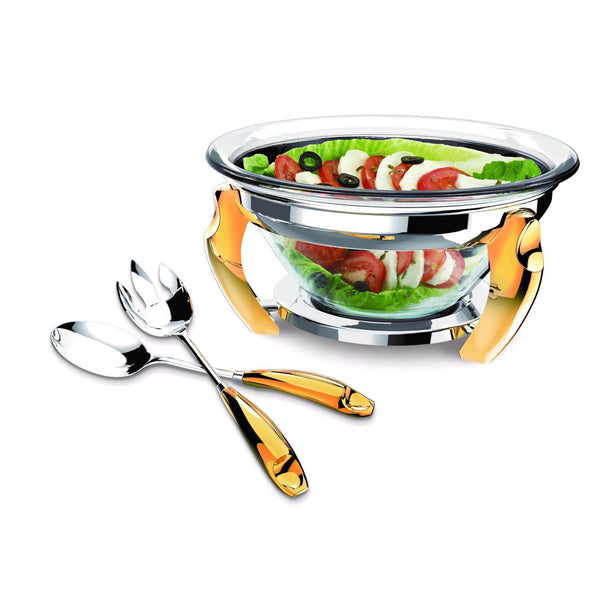 REGENT LUX STAINLESS STEEL SALAD BOWL WITH SERVERS 30 CM, GOLD COLOR