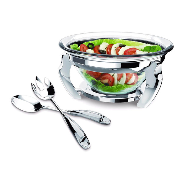 REGENT LUX STAINLESS STEEL SALAD BOWL WITH SERVERS 30 CM, SILVER COLOR