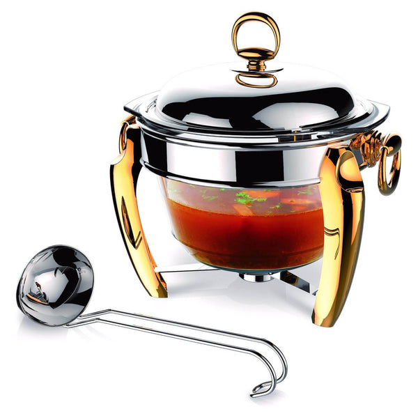 REGENT LUX STAINLESS STEEL ROUND SOUP WARMER WITH LADLE 4 QTS, GOLD COLOR