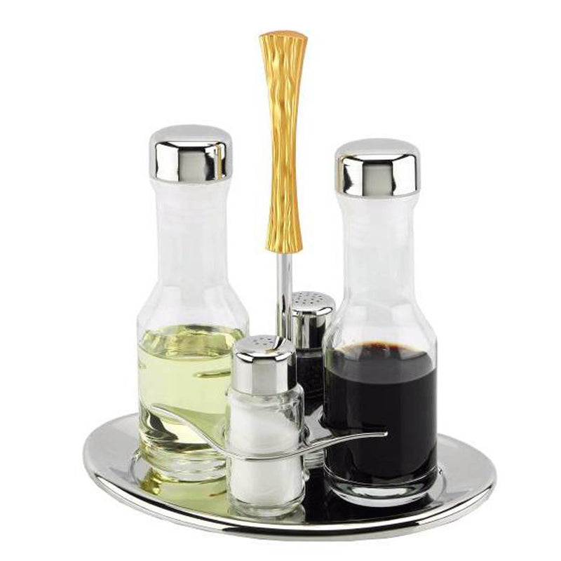 REGENT ONDA STAINLESS STEEL SALT AND PEPPER & OIL AND VINEGER SET, GOLD COLOR