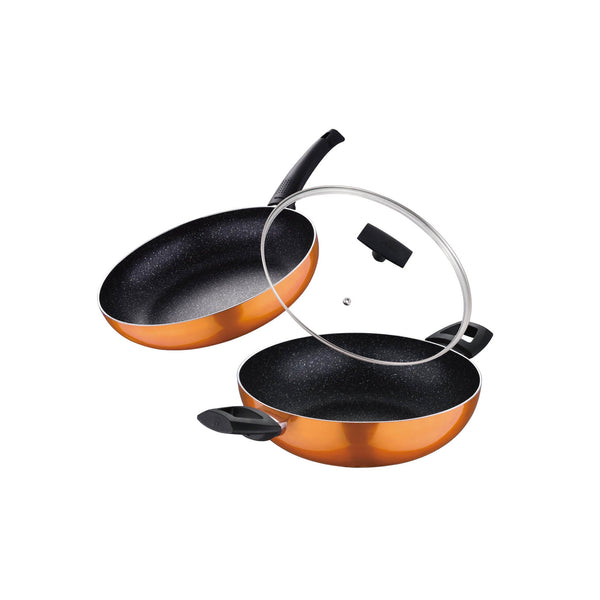 BERGNER ULTRA 3 PIECE PRESS ALUMINUM NON-STICK FRYPAN 28X6 CM + KADAI WITH LID 28X8 CM SET WITH INDUCTION BOTTOM, ORANGE COLOR