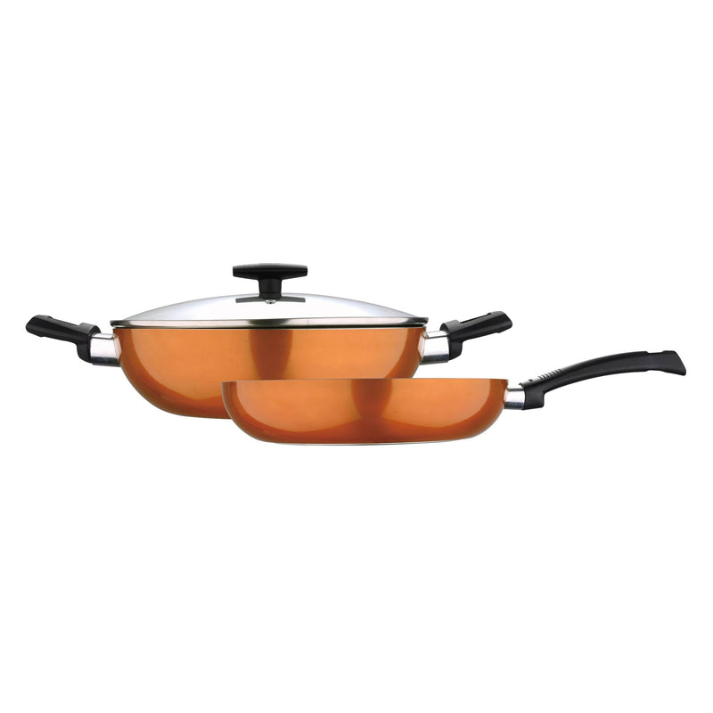 BERGNER ULTRA 3 PIECE PRESS ALUMINUM NON-STICK FRYPAN 28X6 CM + KADAI WITH LID 28X8 CM SET WITH INDUCTION BOTTOM, ORANGE COLOR