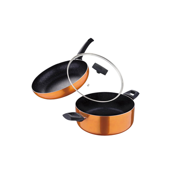 BERGNER ULTRA 3 PIECE PRESS ALUMINUM NON-STICK FRYPAN 28X6 CM + CASSEROLE WITH LID 26X11 CM SET WITH INDUCTION BOTTOM, ORANGE COLOR