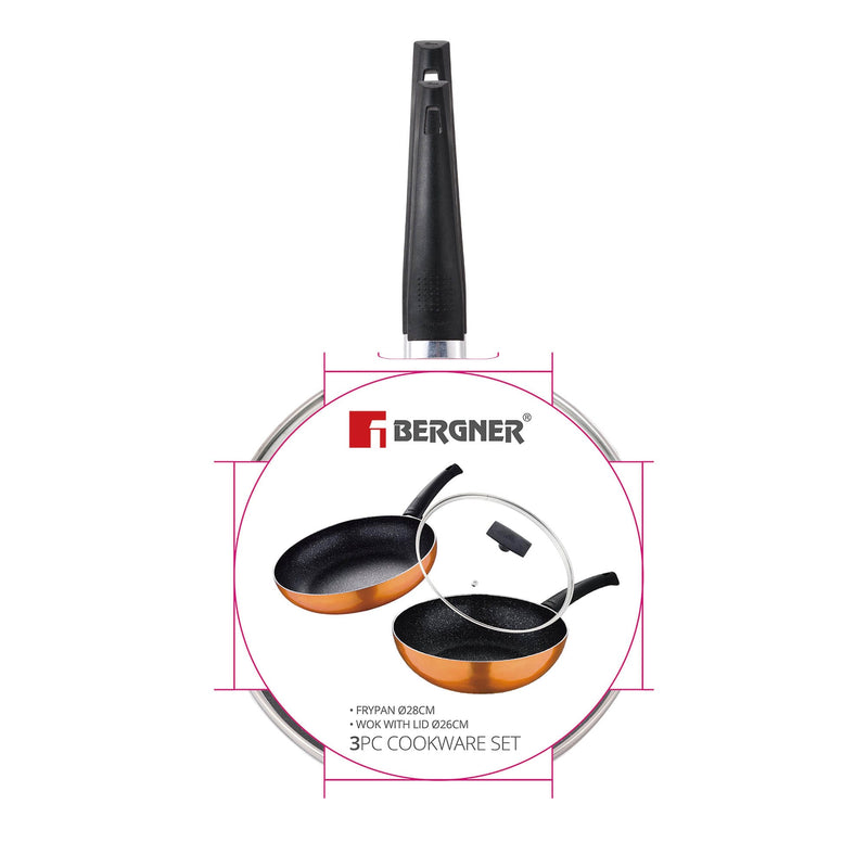 BERGNER ULTRA 3 PIECE PRESS ALUMINUM NON-STICK FRYPAN 28 CM + WOK WITH LID 26 CM SET WITH INDUCTION BOTTOM, ORANGE COLOR