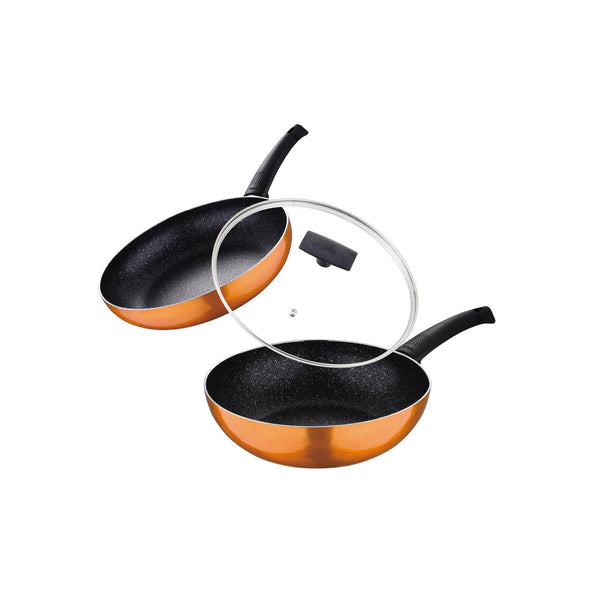 BERGNER ULTRA 3 PIECE PRESS ALUMINUM NON-STICK FRYPAN 28 CM + WOK WITH LID 26 CM SET WITH INDUCTION BOTTOM, ORANGE COLOR