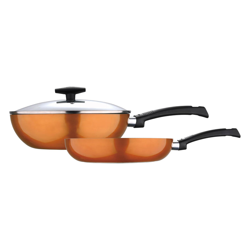 BERGNER ULTRA 3 PIECE PRESS ALUMINUM NON-STICK FRYPAN 28 CM + WOK WITH LID 26 CM SET WITH INDUCTION BOTTOM, ORANGE COLOR