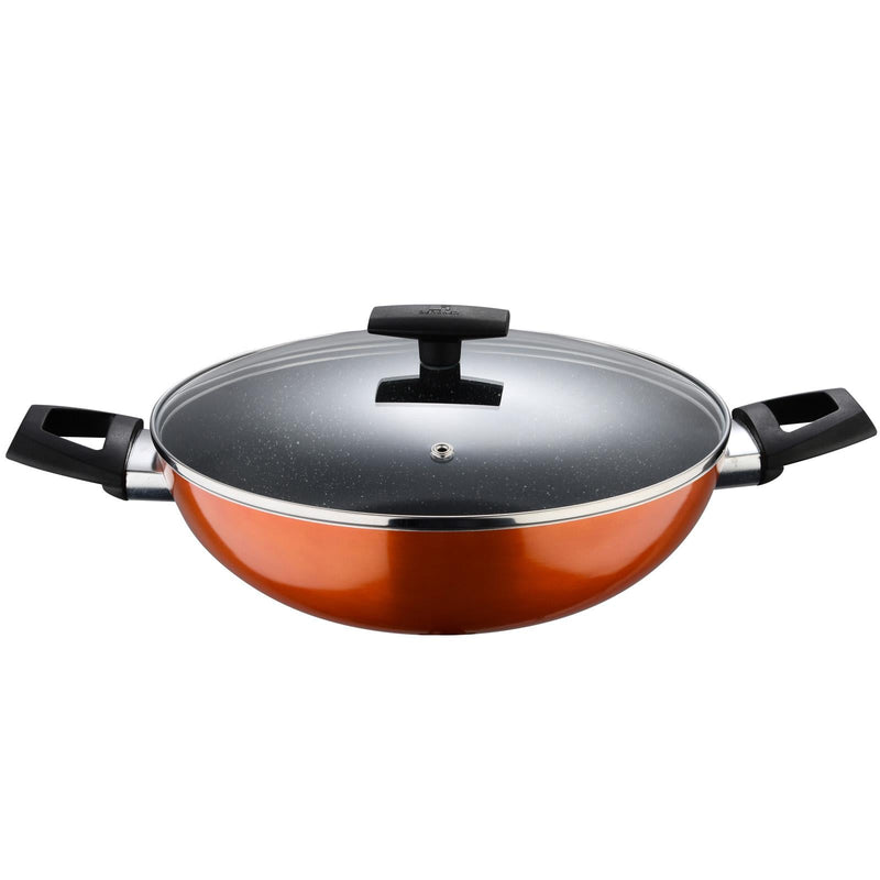 BERGNER ULTRA PRESS ALUMINUM NON-STICK INDUCTION BOTTOM KADAI WITH LID 28X8 CM, ORANGE COLOR