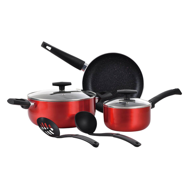 BERGNER SHINE 7 PIECE PRESS ALUMINUM NON- STICK COOKWARE SET WITH INDUCTION BOTTOM, RED COLOR