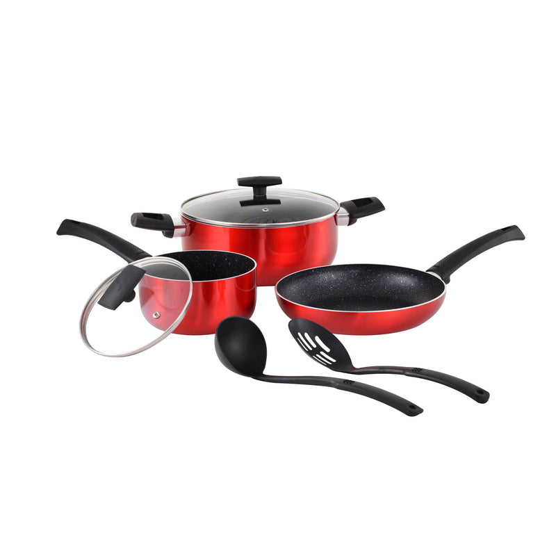 BERGNER SHINE 7 PIECE PRESS ALUMINUM NON- STICK COOKWARE SET WITH INDUCTION BOTTOM, RED COLOR