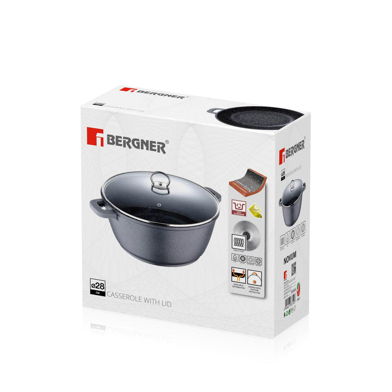 BERGNER NOVUM CAST ALUMINUM INDUCTION BASE NON-STICK CASSEROLE WITH LID 28X12 CM, GREY COLOR