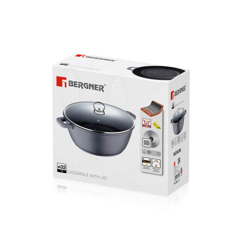 BERGNER NOVUM CAST ALUMINUM INDUCTION BASE NON-STICK CASSEROLE WITH LID 32X14.5 CM, GREY COLOR