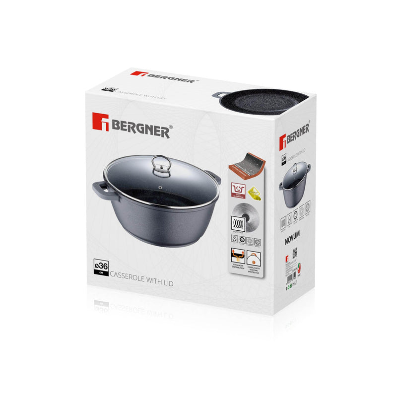 BERGNER NOVUM CAST ALUMINUM INDUCTION BASE NON-STICK CASSEROLE WITH LID 36X16 CM, GREY COLOR