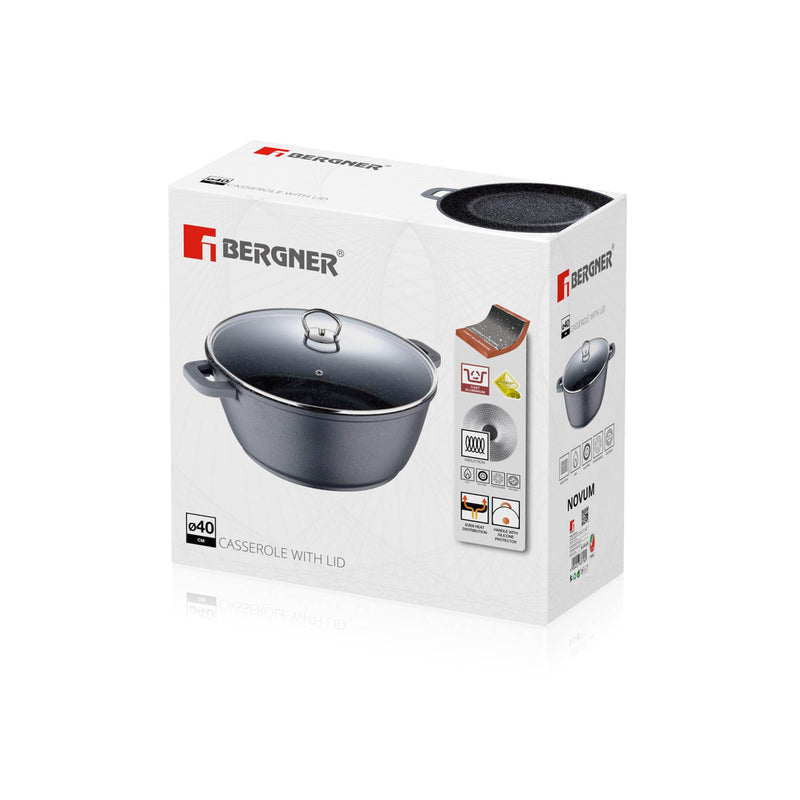 BERGNER NOVUM CAST ALUMINUM INDUCTION BASE NON-STICK CASSEROLE WITH LID 40X17.5 CM, GREY COLOR