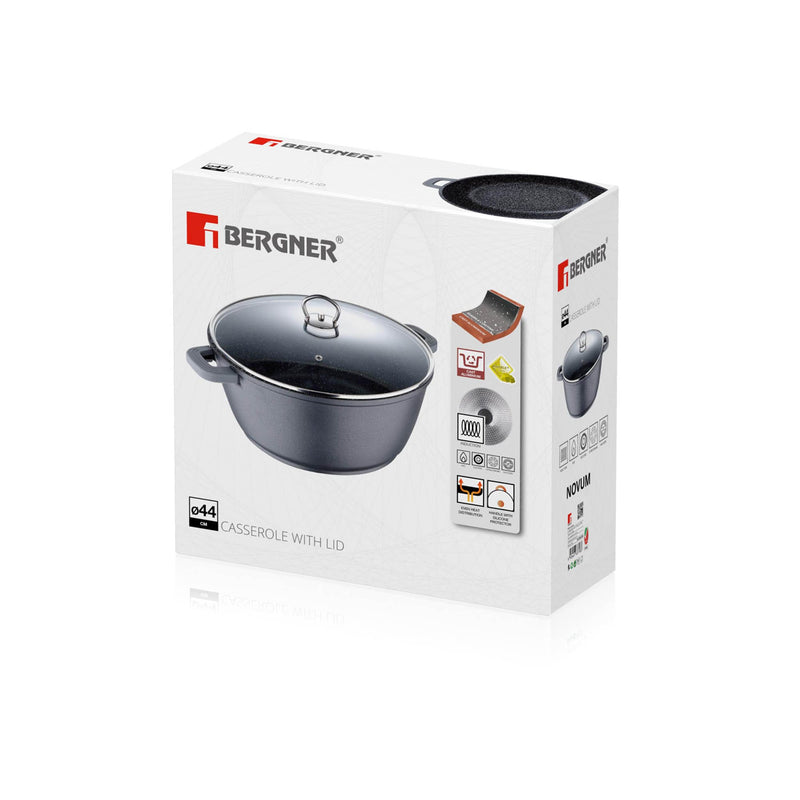 BERGNER NOVUM CAST ALUMINUM INDUCTION BASE NON-STICK CASSEROLE WITH LID 44X18 CM, GREY COLOR