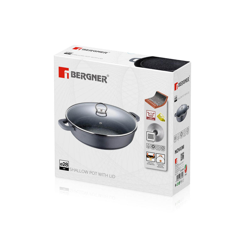 BERGNER NOVUM CAST ALUMINUM INDUCTION BASE NON-STICK SHALLOW POT WITH LID 28X7.5 CM, GREY COLOR