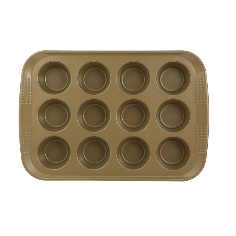 BERGNER BAKERIGHT PRO CARBON STEEL RECTANGLE 12 CUP MUFFIN PAN 40.6 CM, TAN COLOR