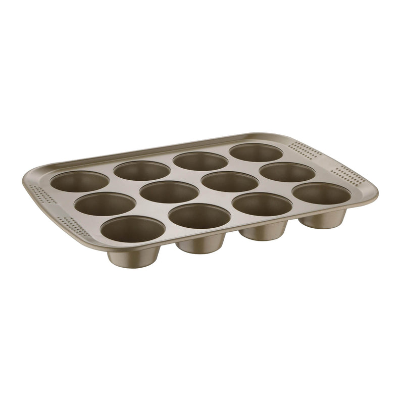 BERGNER BAKERIGHT PRO CARBON STEEL RECTANGLE 12 CUP MUFFIN PAN 40.6 CM, TAN COLOR