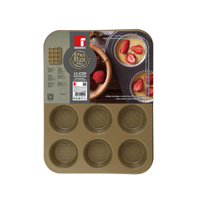 BERGNER BAKERIGHT PRO CARBON STEEL RECTANGLE 12 CUP MUFFIN PAN 35 CM, TAN COLOR